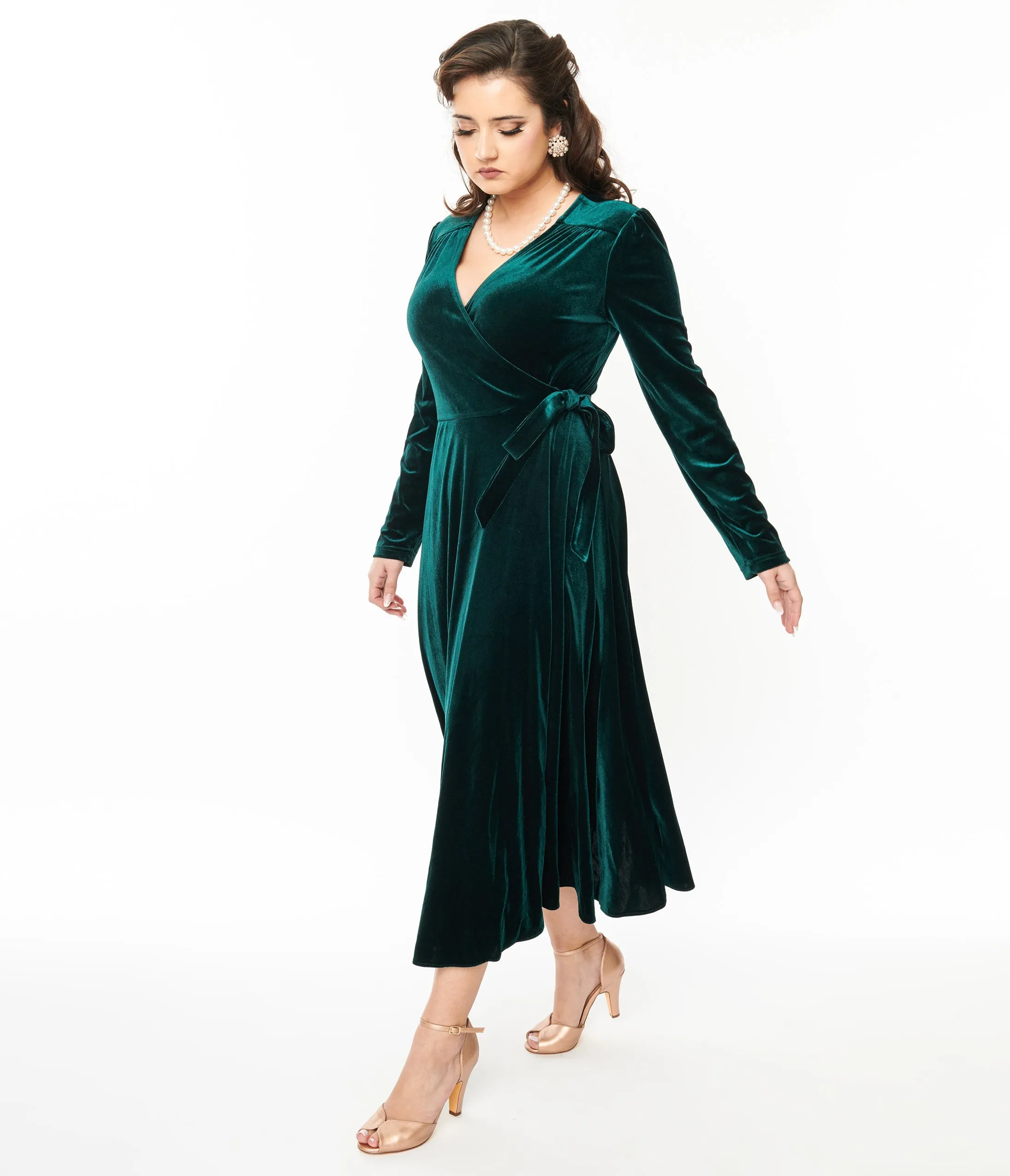 Collectif 1940s Green Velvet Kendra Wrap Dress sold by Unique Vintage