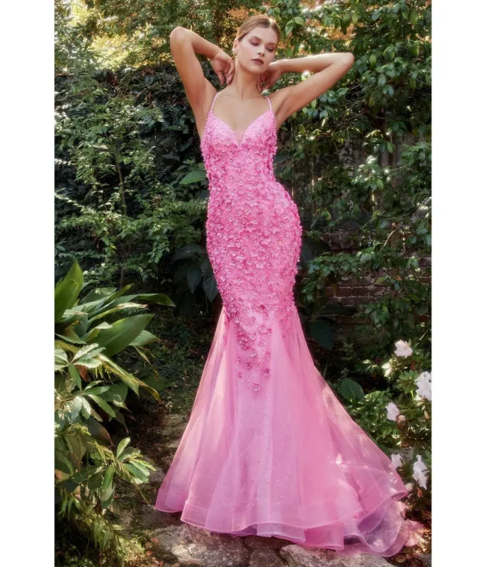 Cinderella Divine Hot Pink Chromatic Floral Mermaid Bridesmaid Dress sold by Unique Vintage