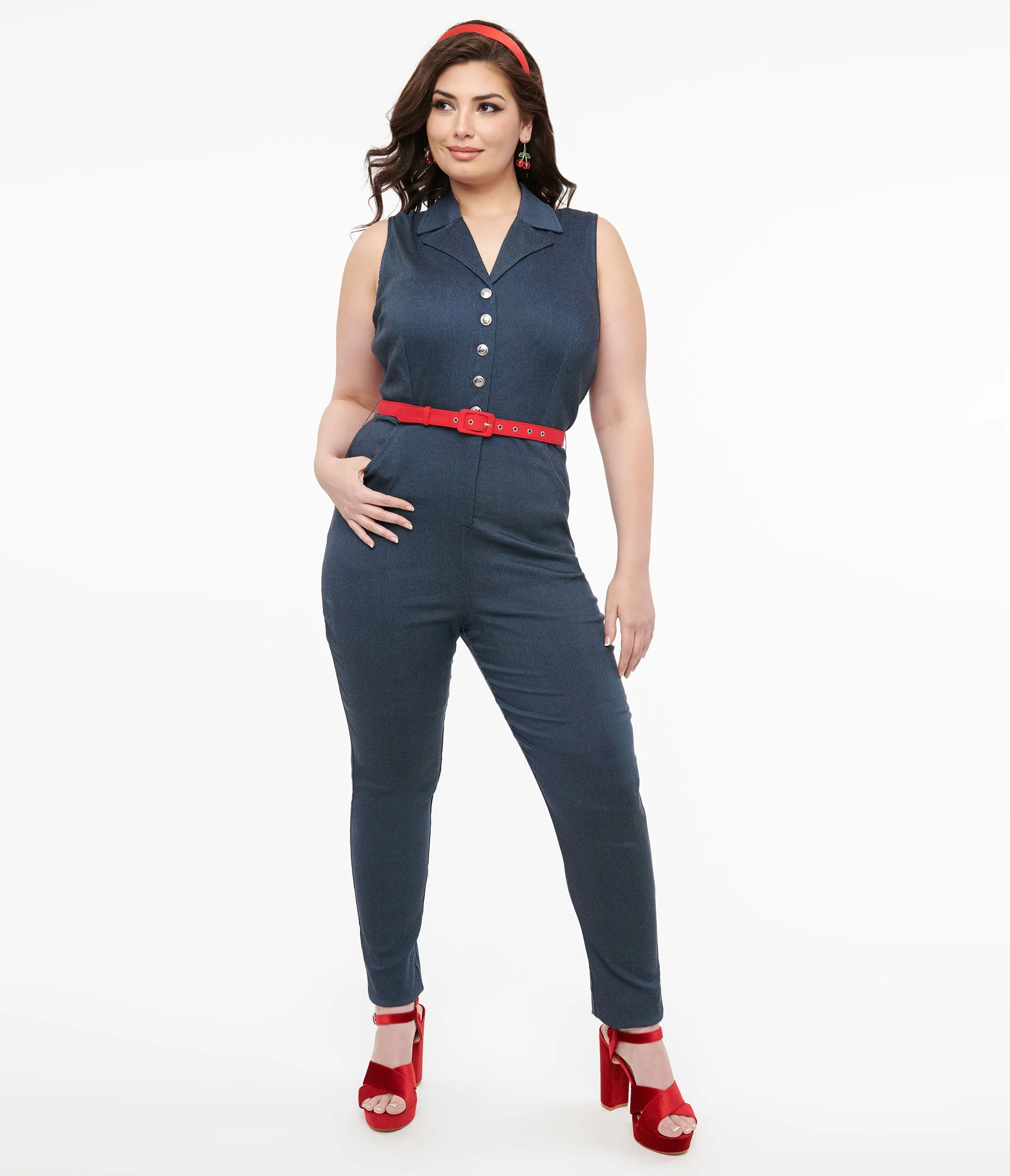 Unique Vintage Plus Size Blue Denim & Red Belt Skinny Jumpsuit sold by Unique Vintage