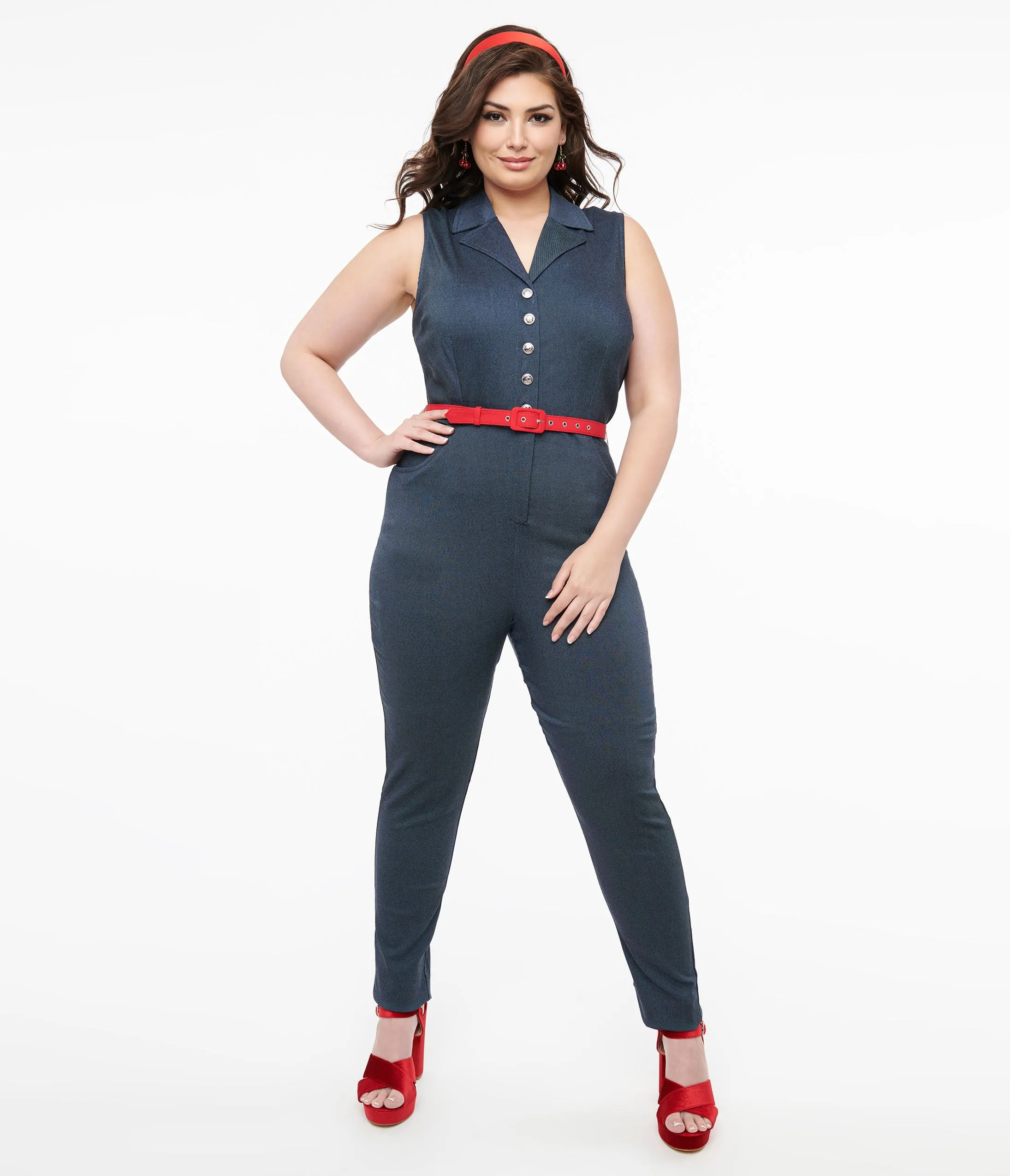 Unique Vintage Plus Size Blue Denim & Red Belt Skinny Jumpsuit sold by Unique Vintage product image thumbnail 3
