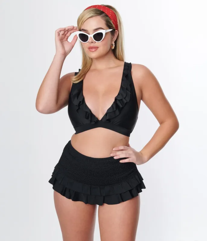 Unique Vintage Black Smocked Ruffle Swim Bottom sold by Unique Vintage