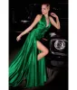 Ladivine by Cinderella Divine Emerald Pleated Satin Halter Fitted Slit Dress sold by Unique Vintage