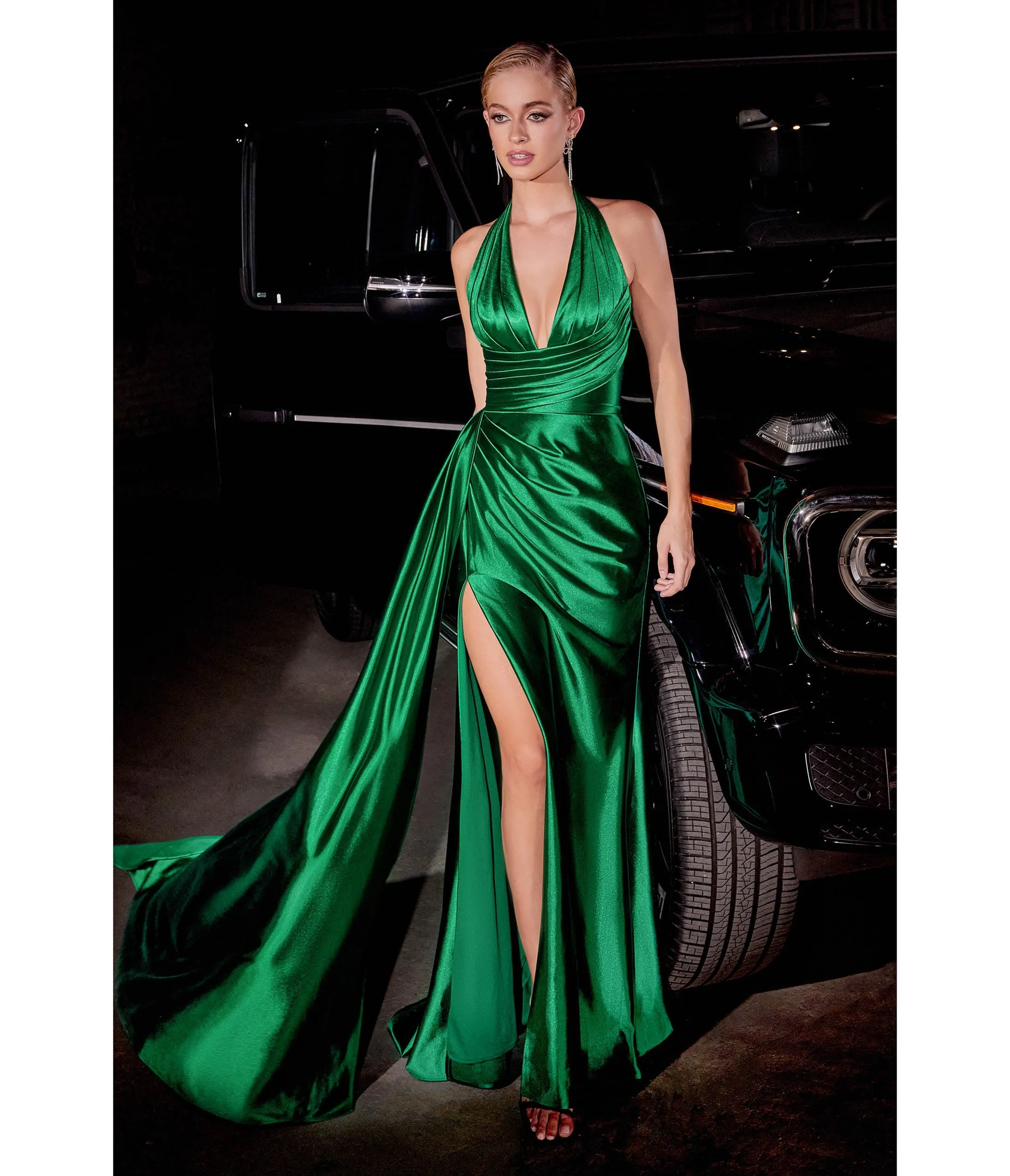 Ladivine by Cinderella Divine Emerald Pleated Satin Halter Fitted Slit Dress sold by Unique Vintage