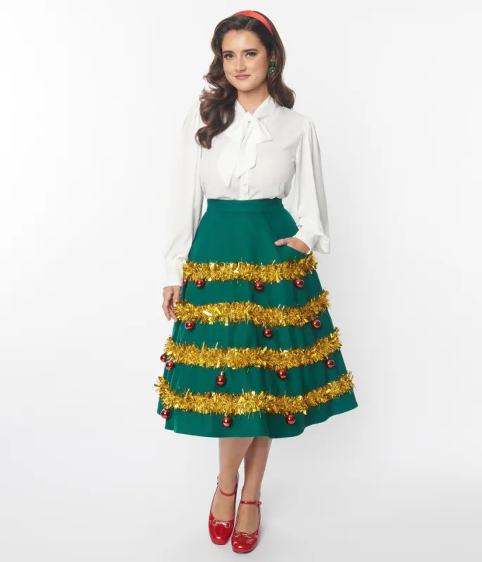 Unique Vintage Green & Gold Tinsel & Ornament Soda Shop Swing Skirt sold by Unique Vintage