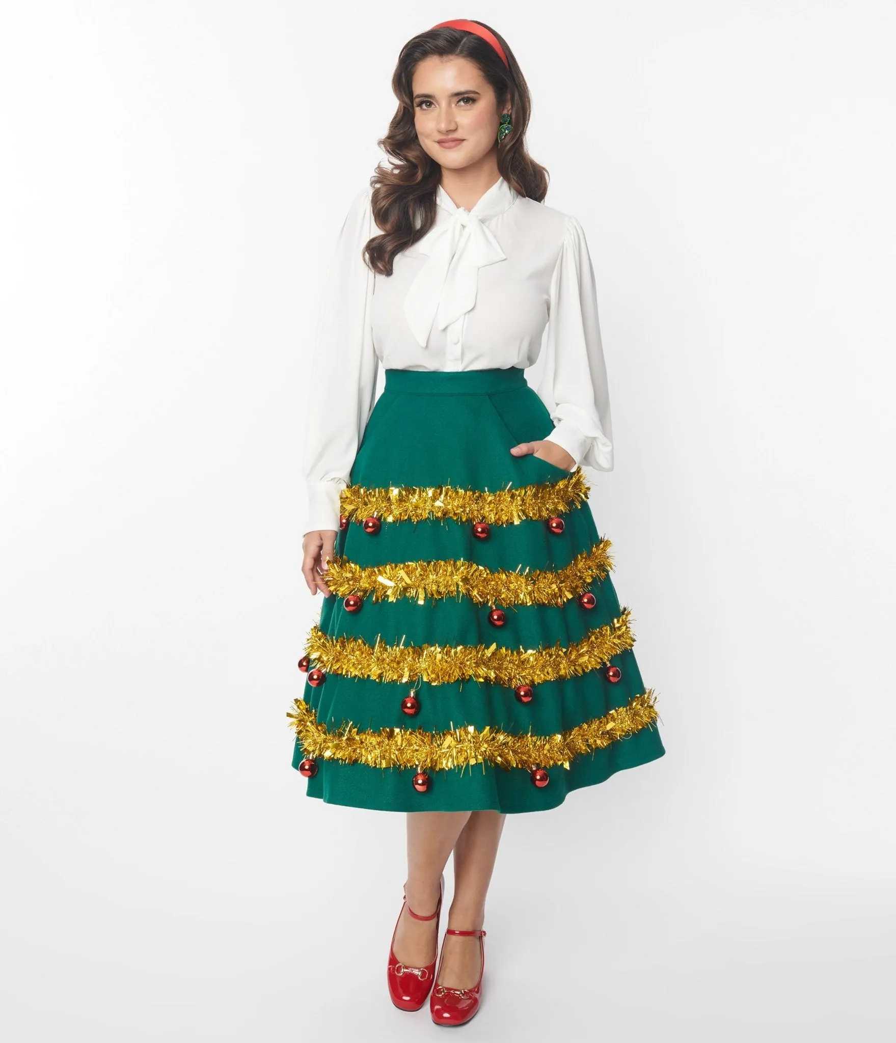 Unique Vintage Green & Gold Tinsel & Ornament Soda Shop Swing Skirt sold by Unique Vintage