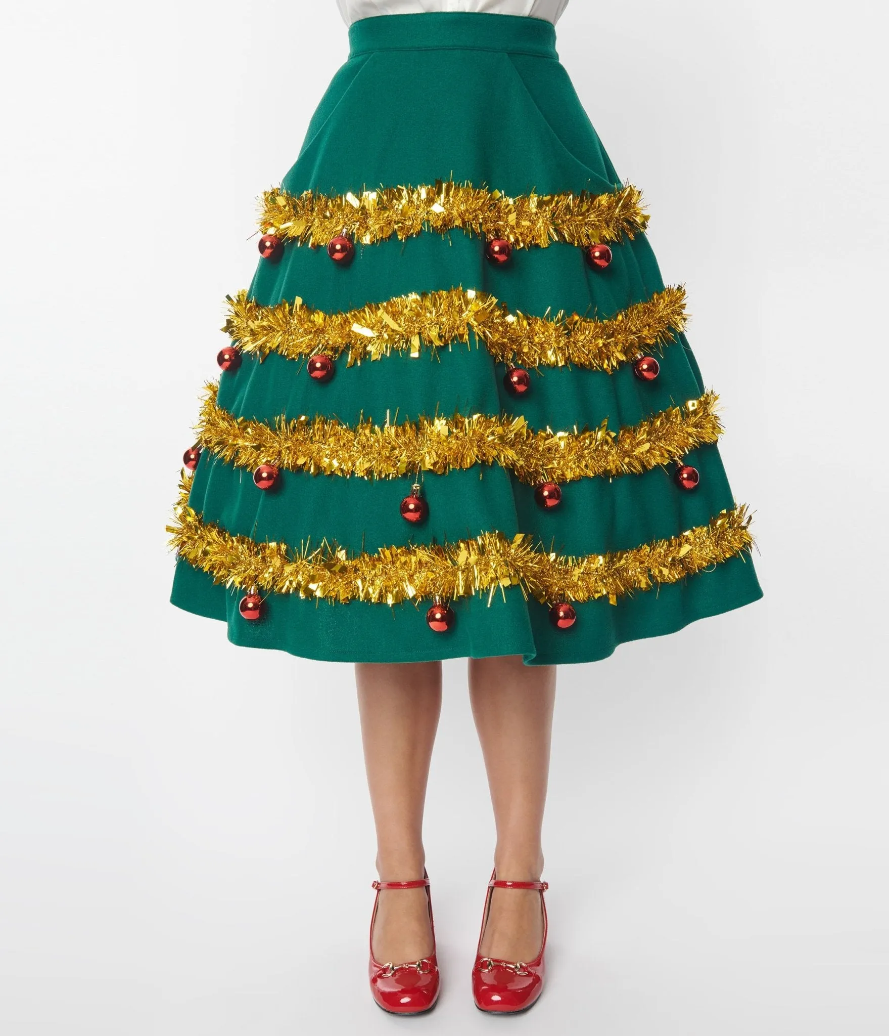 Unique Vintage Green & Gold Tinsel & Ornament Soda Shop Swing Skirt sold by Unique Vintage product image thumbnail 2