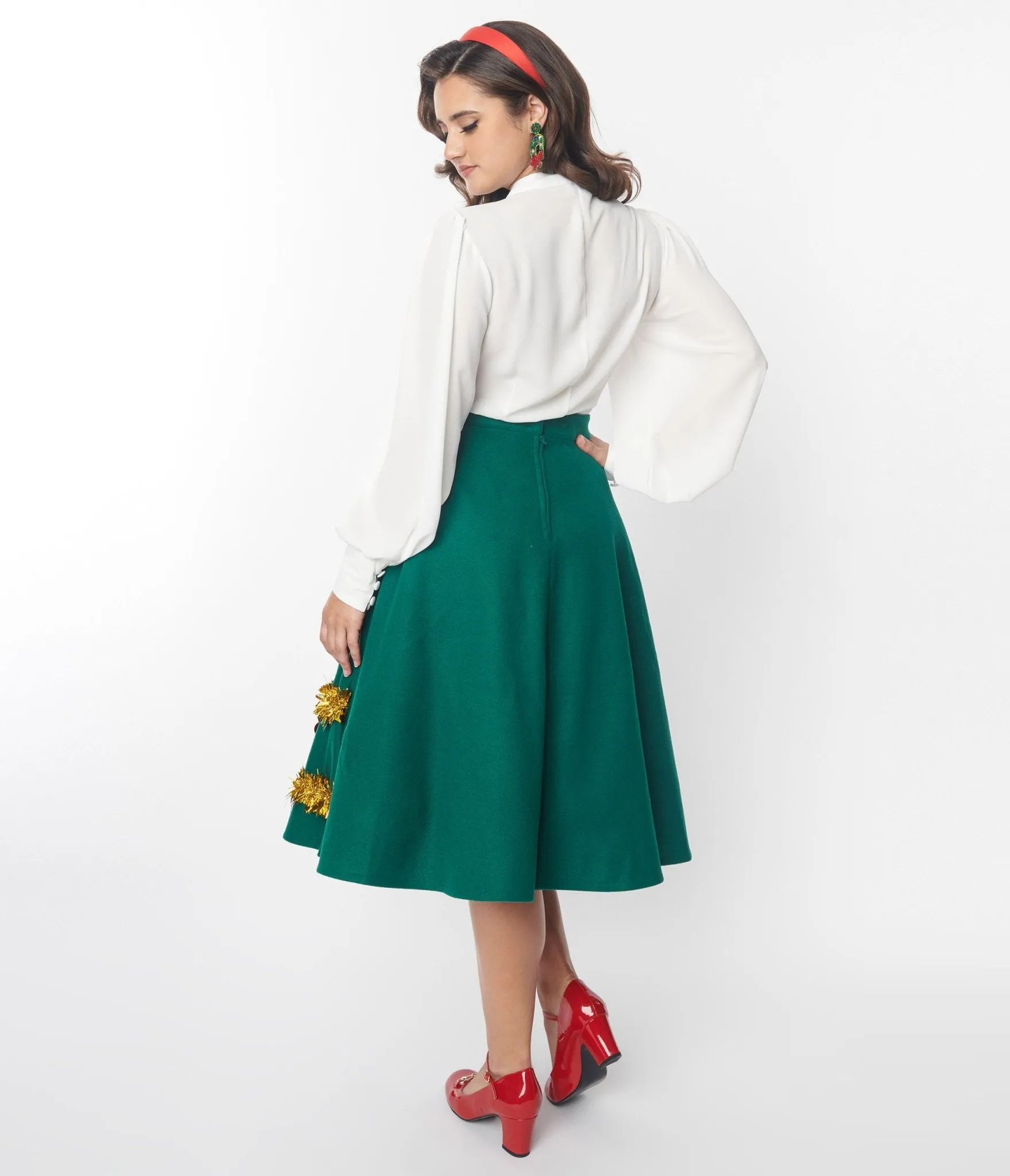 Unique Vintage Green & Gold Tinsel & Ornament Soda Shop Swing Skirt sold by Unique Vintage product image thumbnail 3