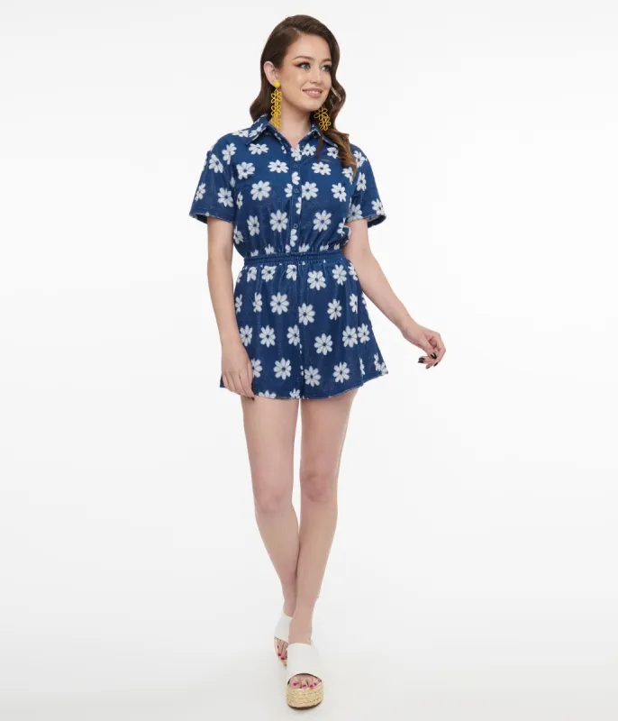 1970s Blue & White Daisy Flower Print Romper sold by Unique Vintage