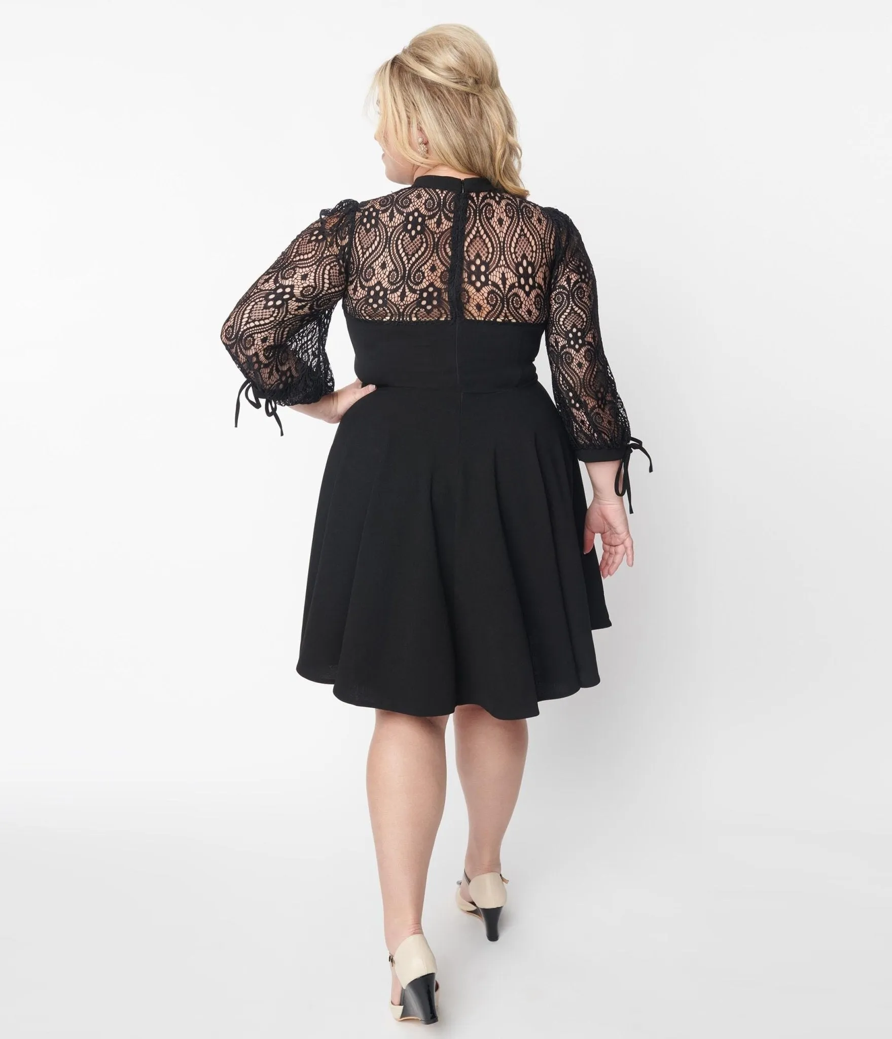 Black Lace Sleeved Knit Swing Dress sold by Unique Vintage product image thumbnail 2