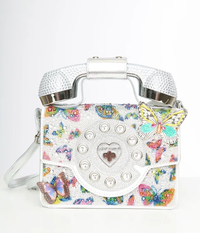 Betsey Johnson Silver & Multicolor Rhinestone Butterfly Phone Handbag made by Unique Vintage