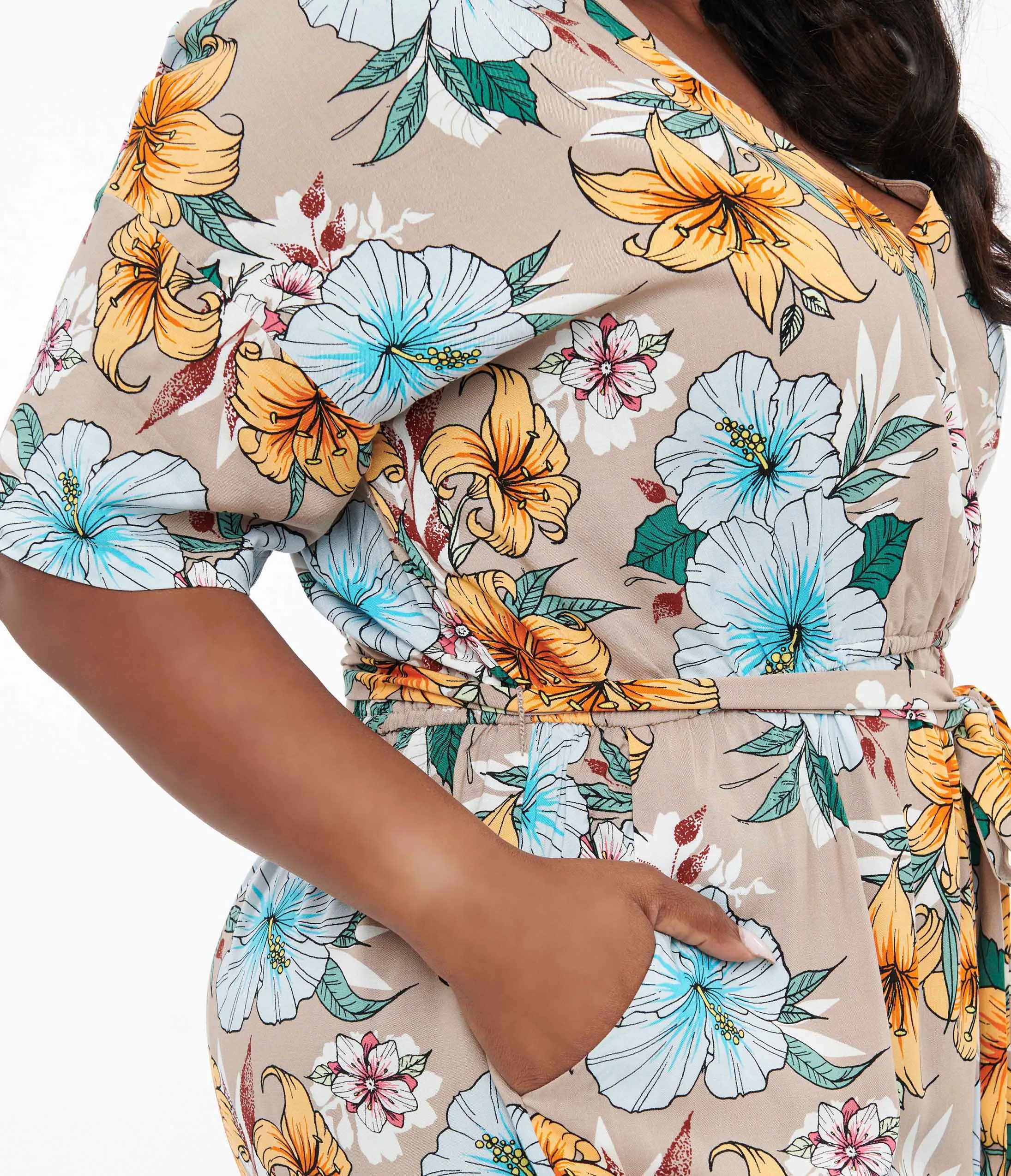 Hell Bunny Plus Size 1970s Tan & Tropical Floral Print Jumpsuit sold by Unique Vintage product image thumbnail 2
