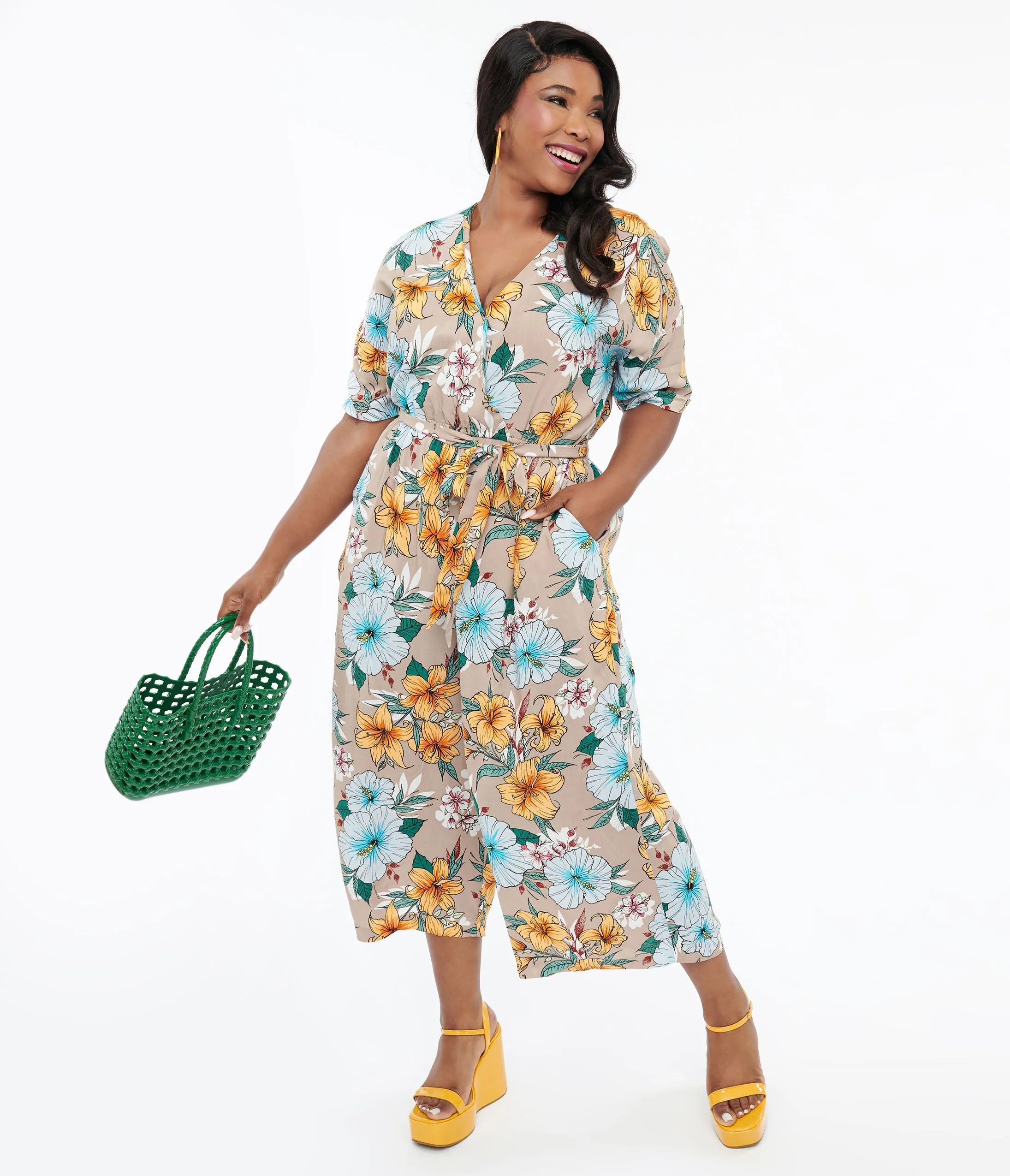 Hell Bunny Plus Size 1970s Tan & Tropical Floral Print Jumpsuit sold by Unique Vintage