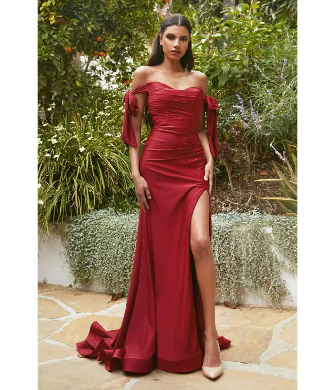 Ladivine by Cinderella Divine Burgundy Off The Shoulder Tie Prom Gown sold by Unique Vintage