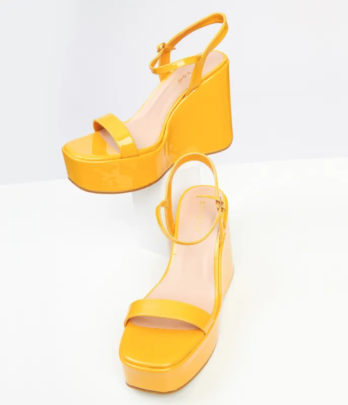 1990s Mustard Yellow Leatherette Platform Sandal Wedge sold by Unique Vintage