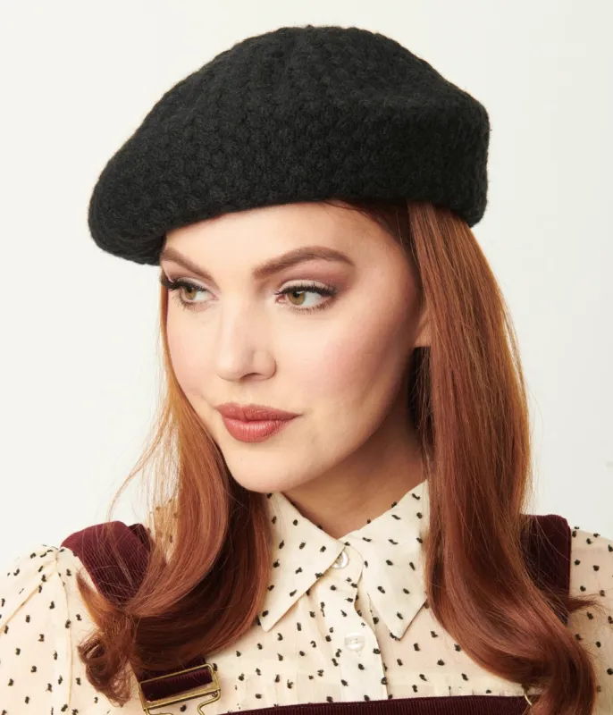 Unique Vintage Black Basketweave Adieu Beret sold by Unique Vintage