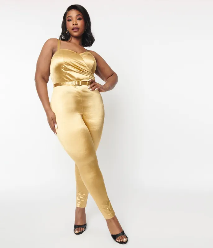 Unique Vintage 1970s Gold Spandex Belted Jumpsuit sold by Unique Vintage