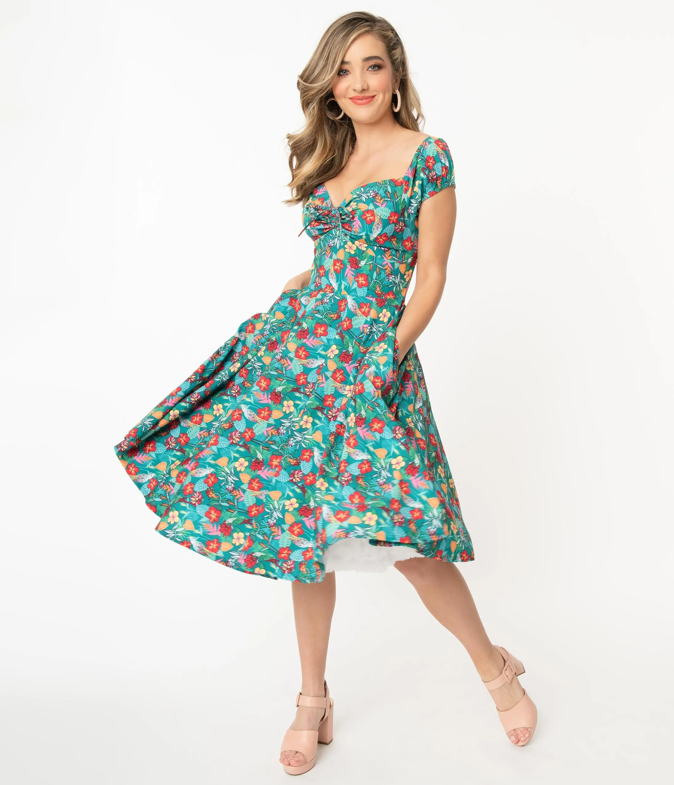Teal & Multicolor Tropical Floral Print Preston Swing Dress sold by Unique Vintage product image thumbnail 4