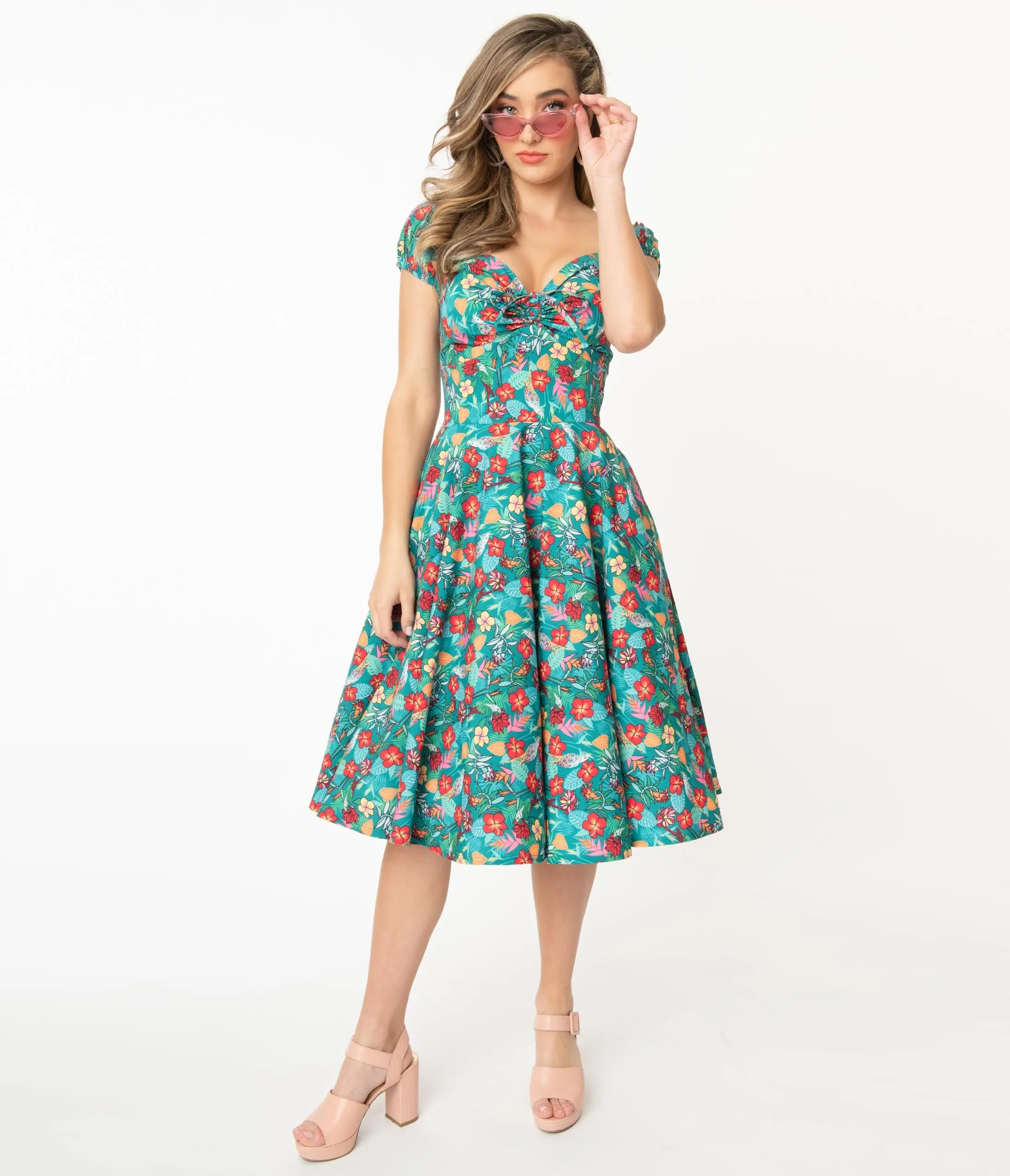 Teal & Multicolor Tropical Floral Print Preston Swing Dress sold by Unique Vintage product image thumbnail 5
