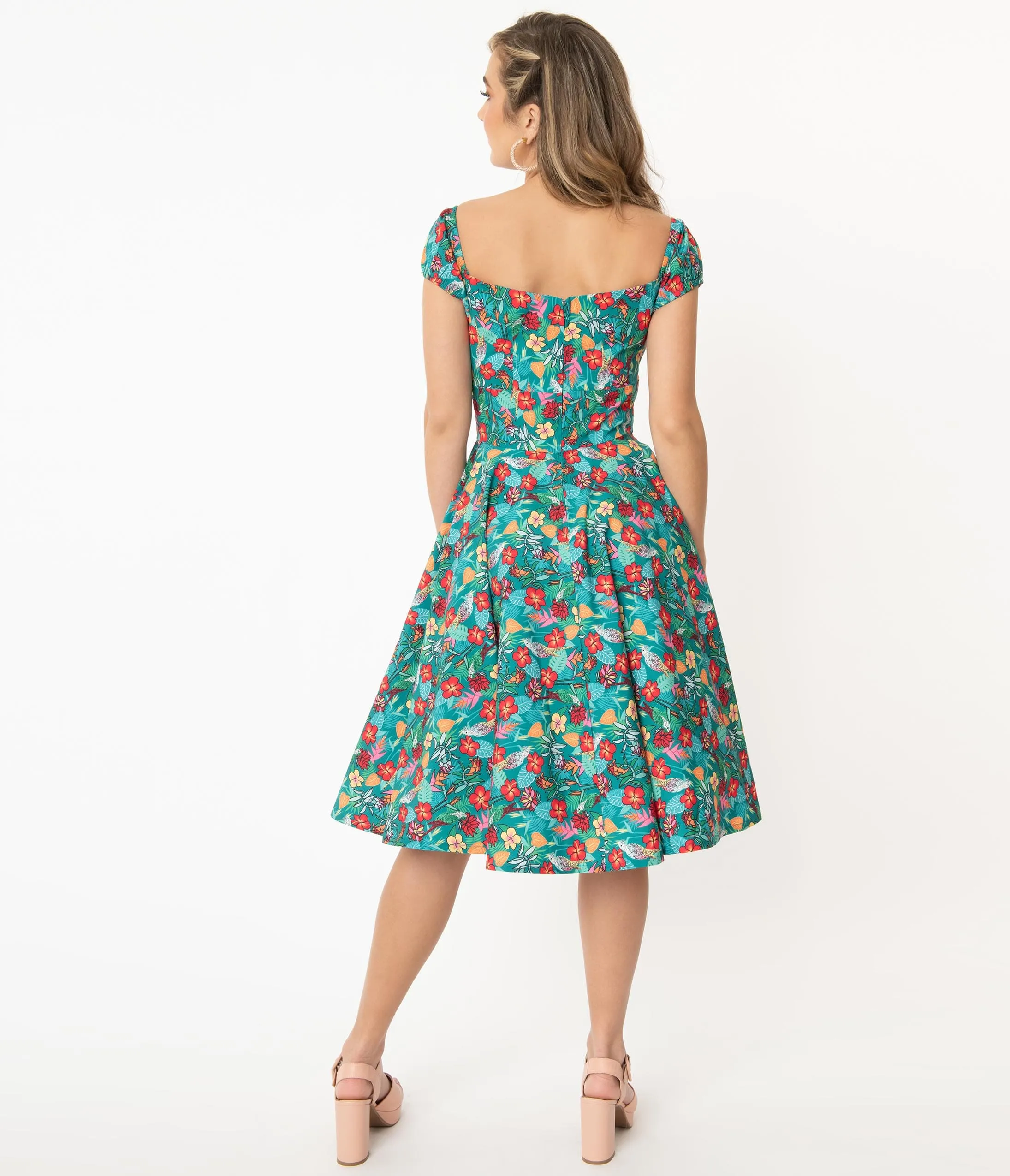 Teal & Multicolor Tropical Floral Print Preston Swing Dress sold by Unique Vintage product image thumbnail 3