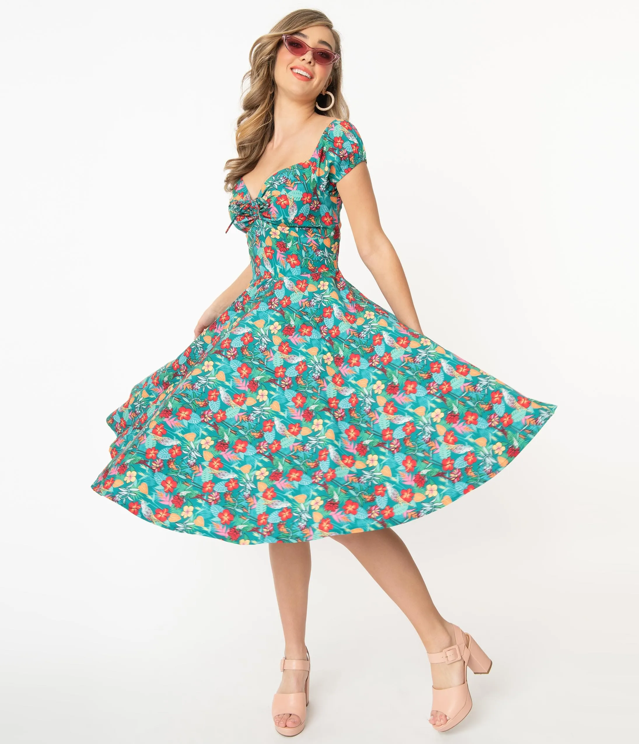 Teal & Multicolor Tropical Floral Print Preston Swing Dress sold by Unique Vintage