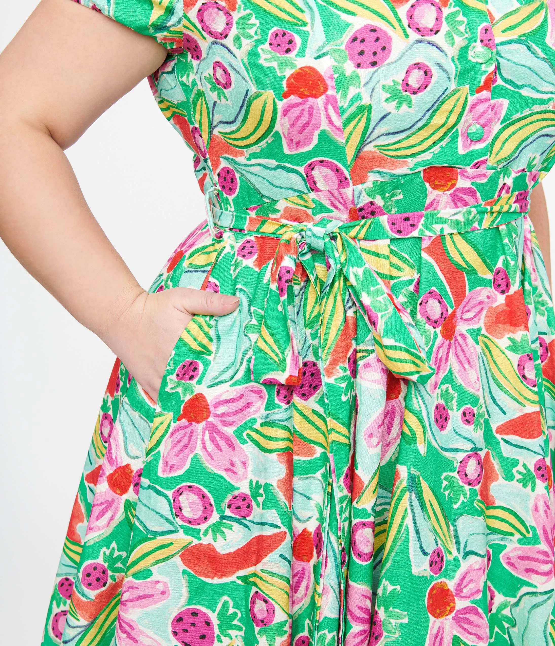Plus Size 1950s Green & Pink Berry Bloom Print Monroe Fit & Flare Dress sold by Unique Vintage product image thumbnail 2