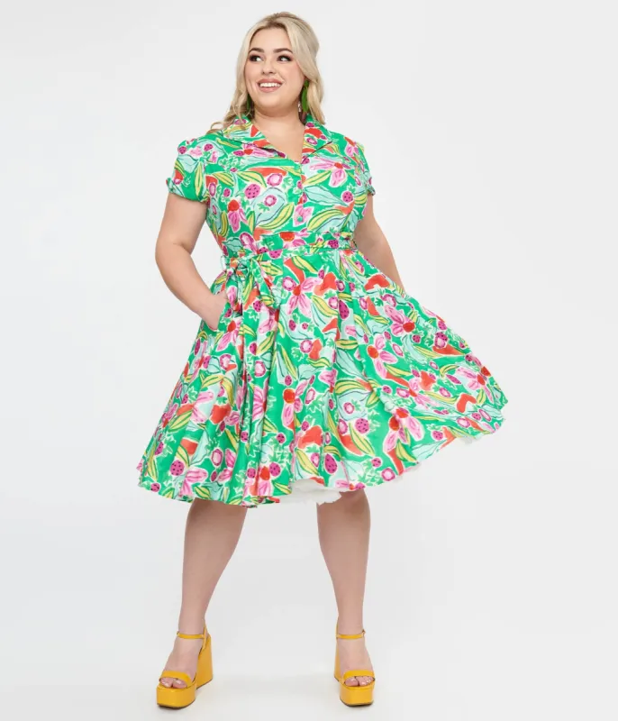 Plus Size 1950s Green & Pink Berry Bloom Print Monroe Fit & Flare Dress sold by Unique Vintage