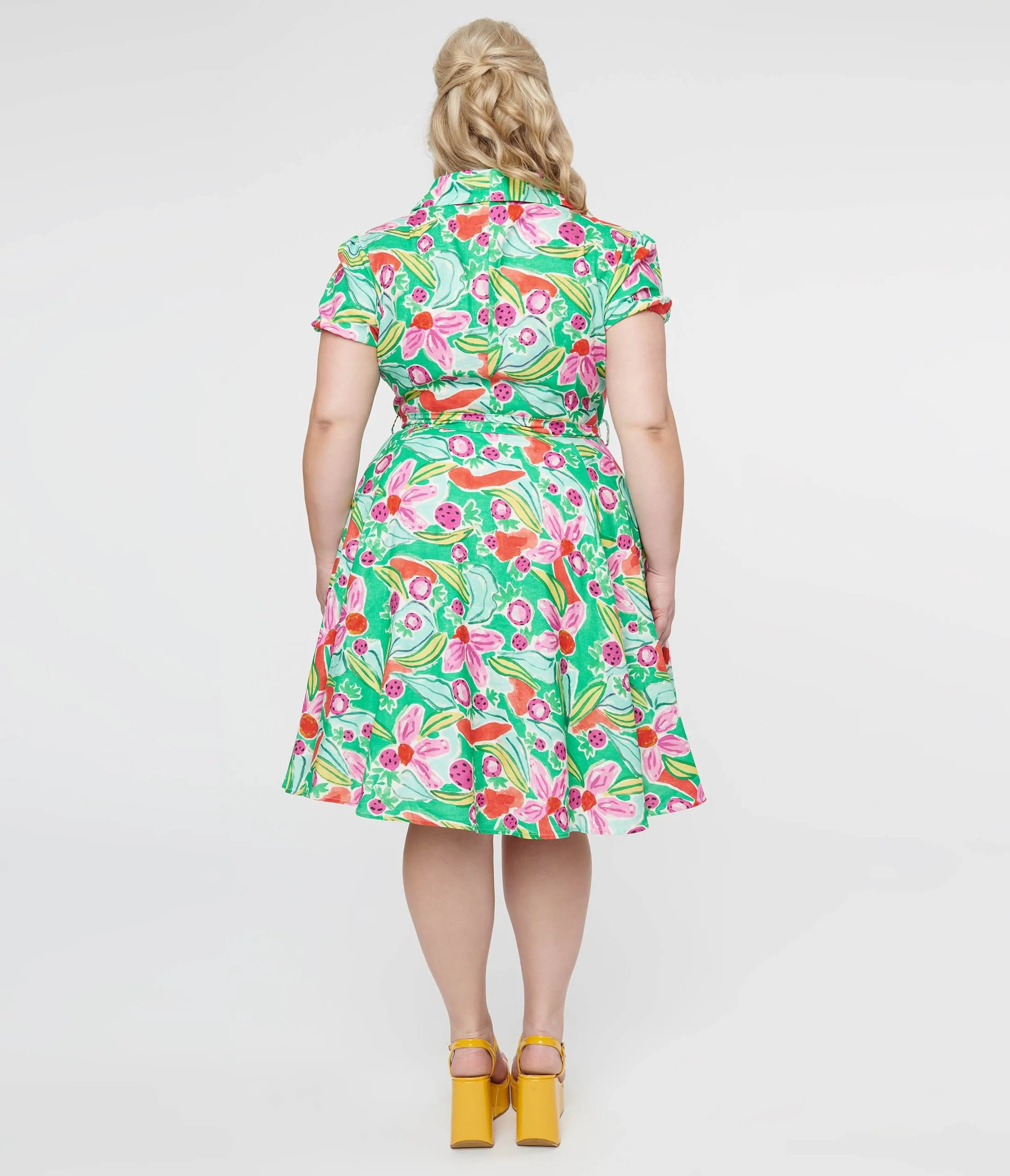 Plus Size 1950s Green & Pink Berry Bloom Print Monroe Fit & Flare Dress sold by Unique Vintage product image thumbnail 3