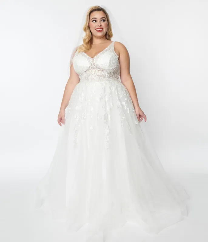 Plus Size Ivory Floral Lace & Tulle Wedding Ball Gown sold by Unique Vintage
