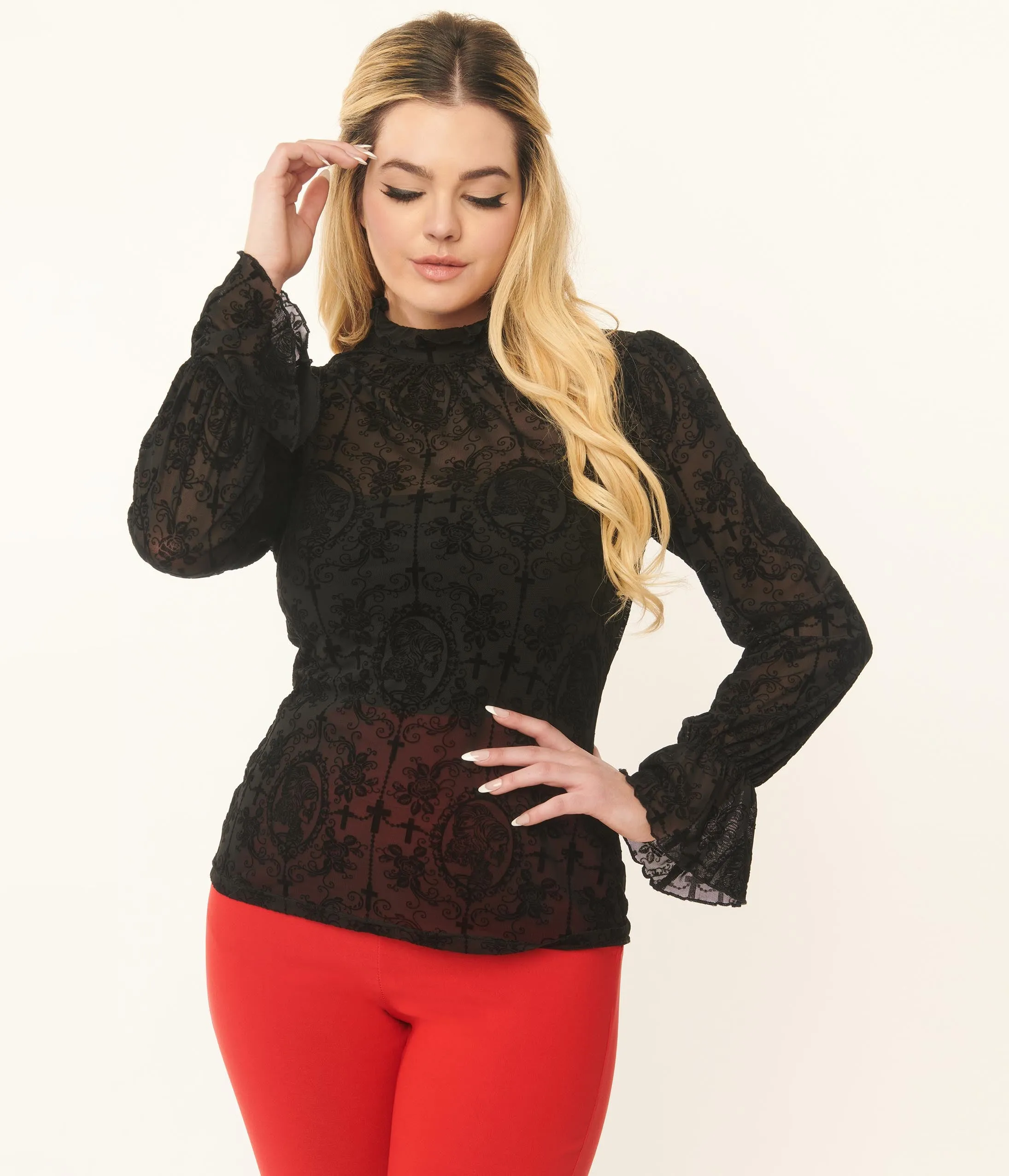 Unique Vintage Black La Catrina Velvet Burnout Donna Blouse sold by Unique Vintage product image thumbnail 5