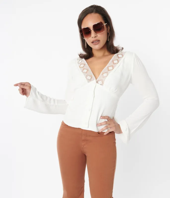 Ivory Lace Trim Bell Long Sleeve Top sold by Unique Vintage