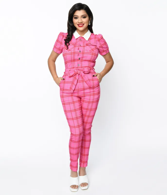 Unique Vintage 1970s Pink & Red Plaid Skinny Leg Bexley Jumpsuit sold by Unique Vintage