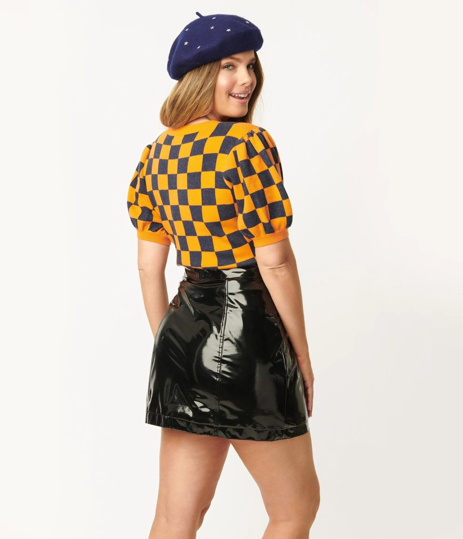 Orange & Navy Check Cardigan sold by Unique Vintage product image thumbnail 2