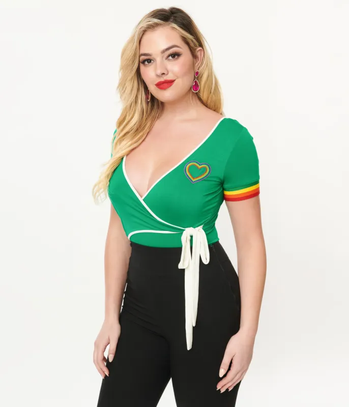 Unique Vintage 1970s Green & Rainbow Heart Surplice Bodysuit sold by Unique Vintage