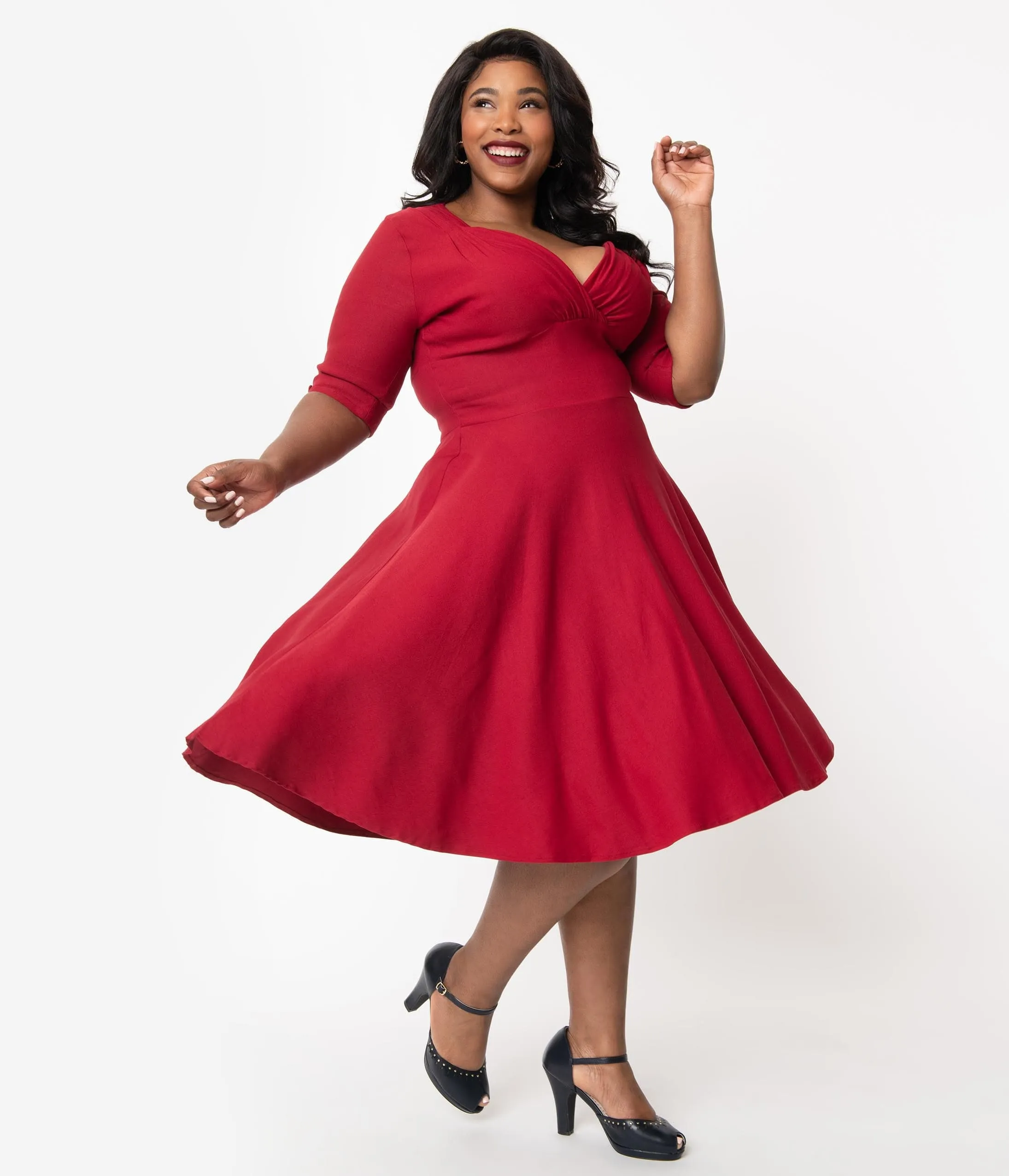 Unique Vintage Plus Size 1950s Merlot Red Delores Swing Dress with Sleeves sold by Unique Vintage product image thumbnail 4