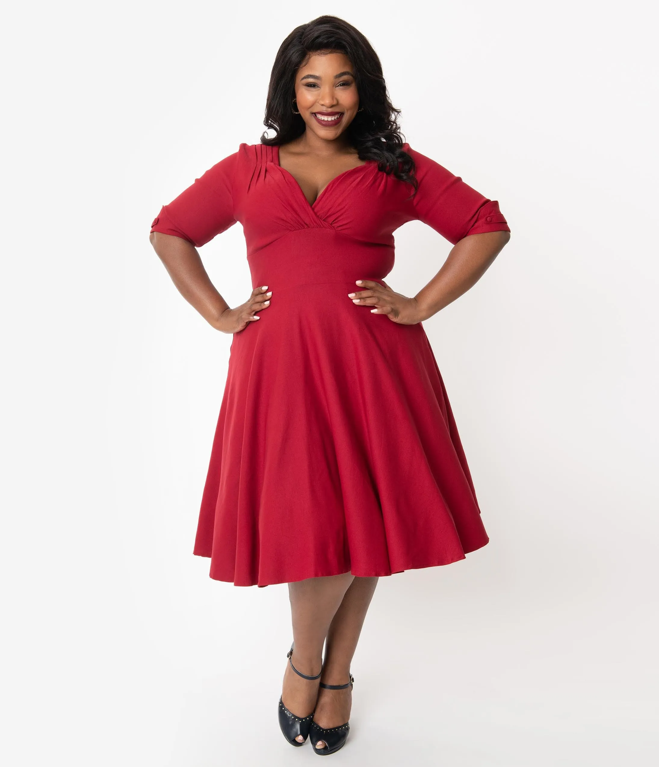 Unique Vintage Plus Size 1950s Merlot Red Delores Swing Dress with Sleeves sold by Unique Vintage
