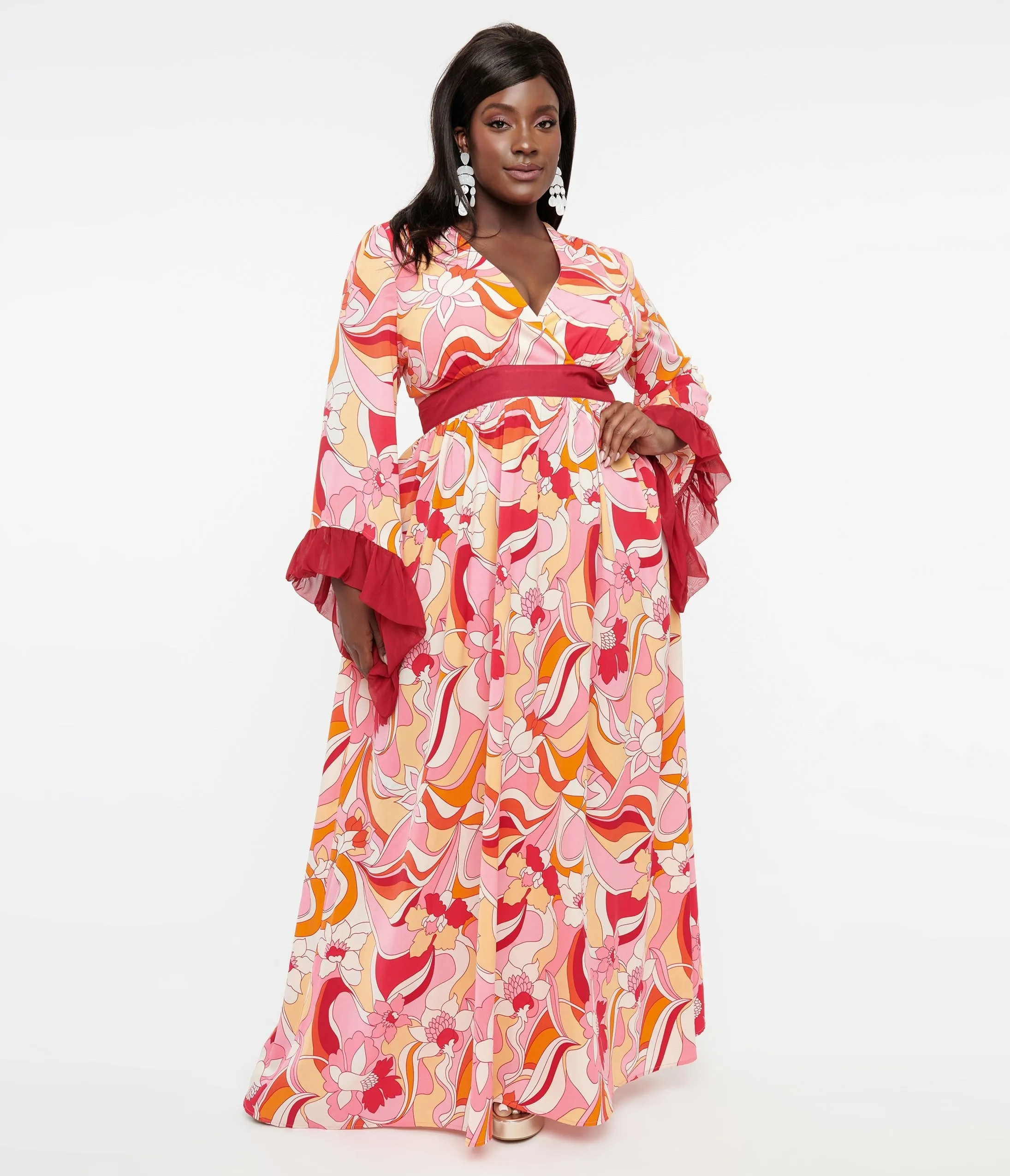 Unique Vintage Plus Size 1970s Pink & Red Psychedelic Floral Maxi Dress sold by Unique Vintage