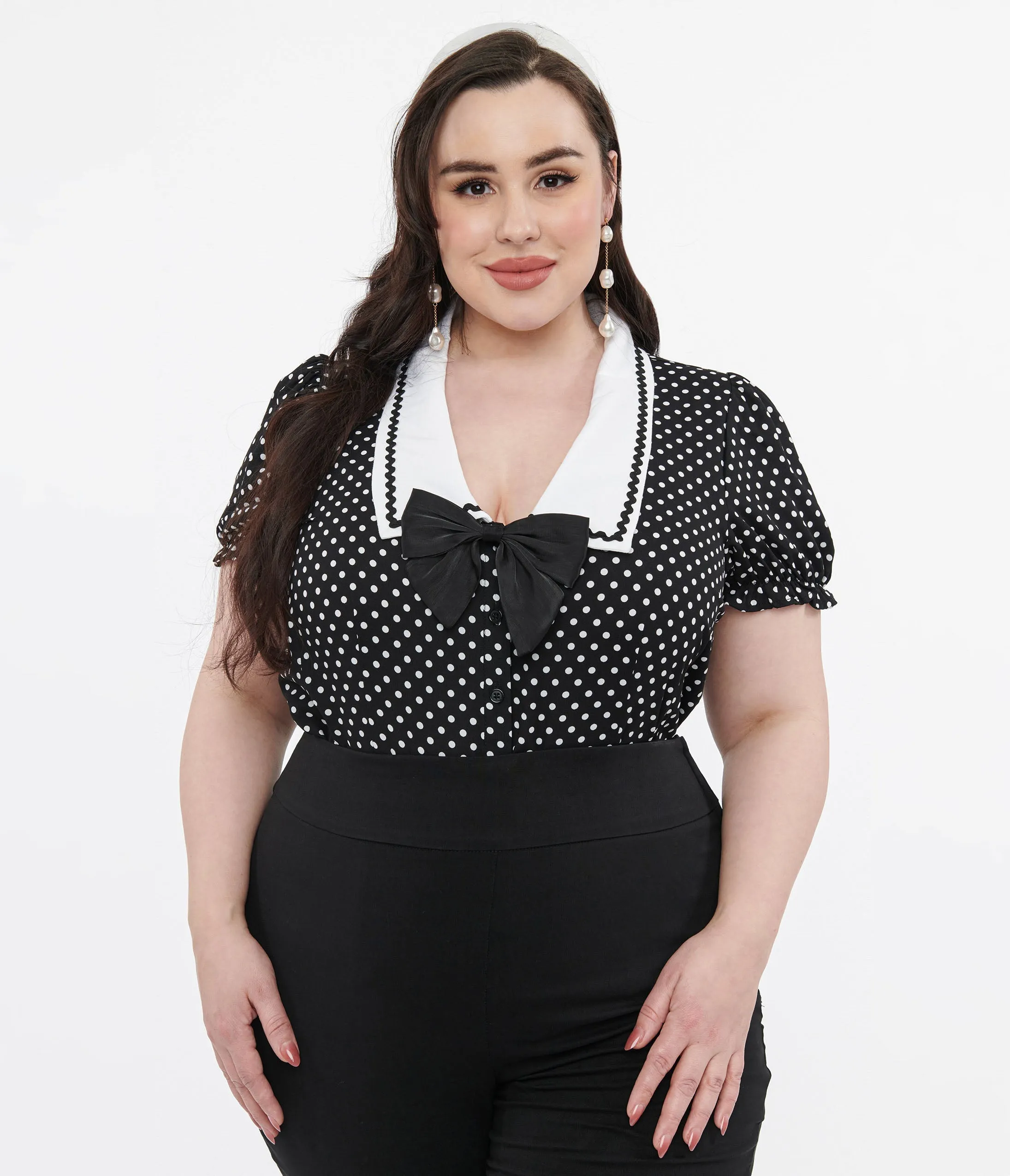Hell Bunny Plus Size 1950s Black & White Polka Dot Naomi Blouse sold by Unique Vintage