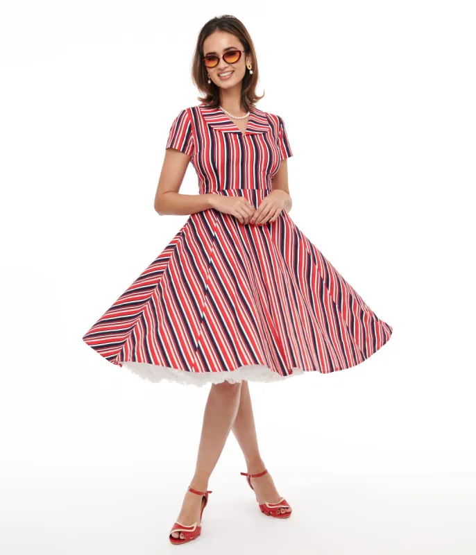 1950s Red & Navy Blue Striped Fit & Flare Dress sold by Unique Vintage