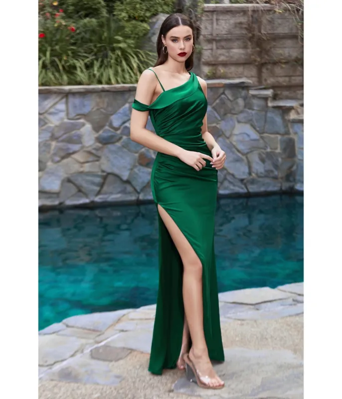 Cinderella Divine  Emerald Asymmetrical Shoulder Satin Bridesmaid Dress sold by Unique Vintage
