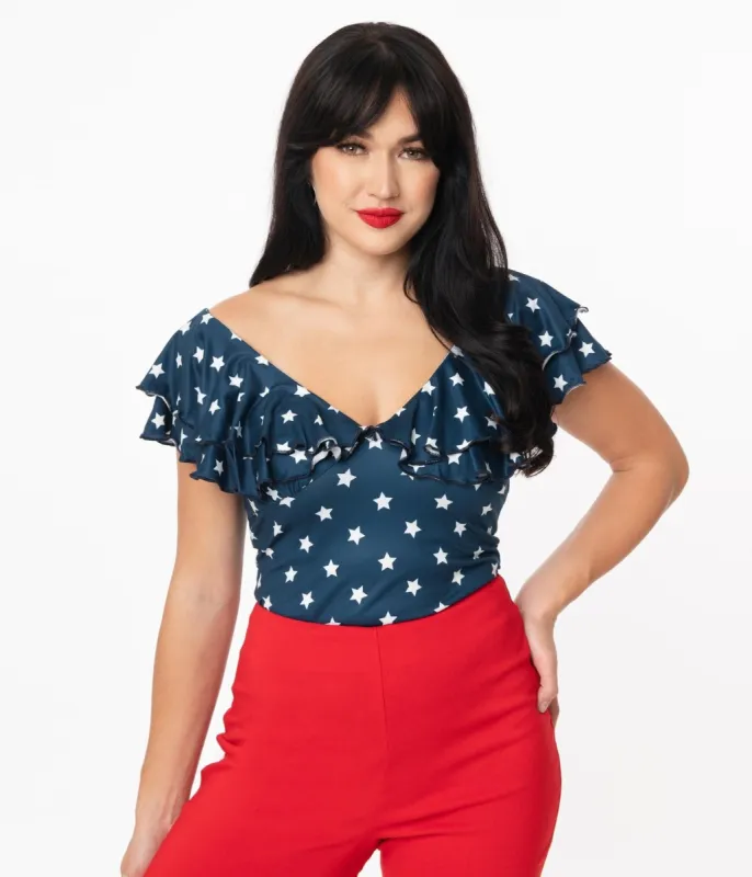 Unique Vintage 1960s Navy & White Stars Ruffled Lotte Top sold by Unique Vintage