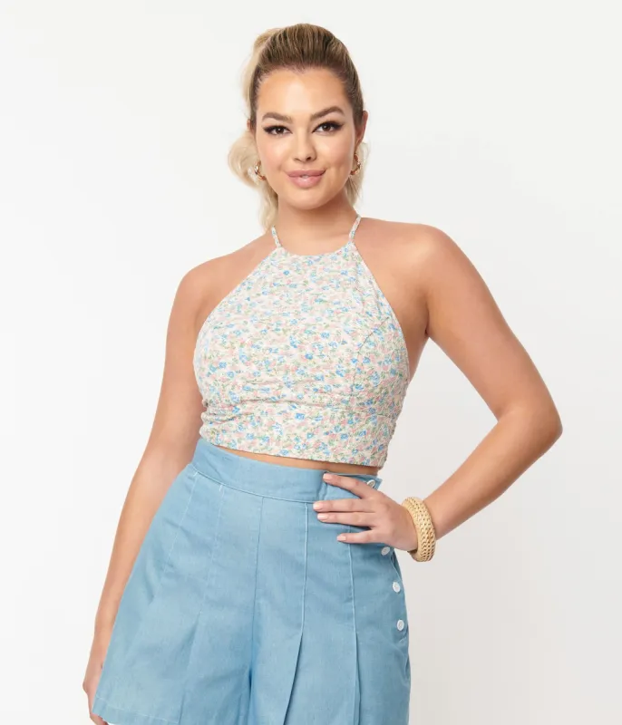 Unique Vintage 1970s Multicolor Floral Embroidered Main Squeeze Crop Top sold by Unique Vintage