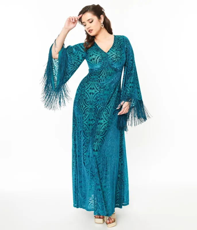 Smak Parlour 1970s Teal Floral Fringe Sleeve Stevie Maxi Dress sold by Unique Vintage