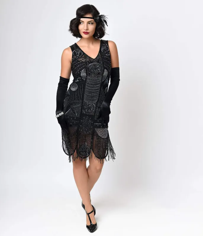 Unique Vintage 1920s Style Black Hand Beaded Fringe Bosley Flapper Dress sold by Unique Vintage