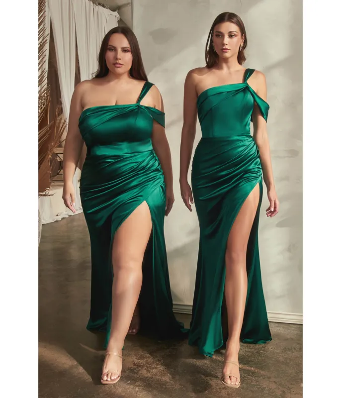 Ladivine by Cinderella Divine Plus Size Emerald Ruched Satin One Shoulder Evening Gown sold by Unique Vintage