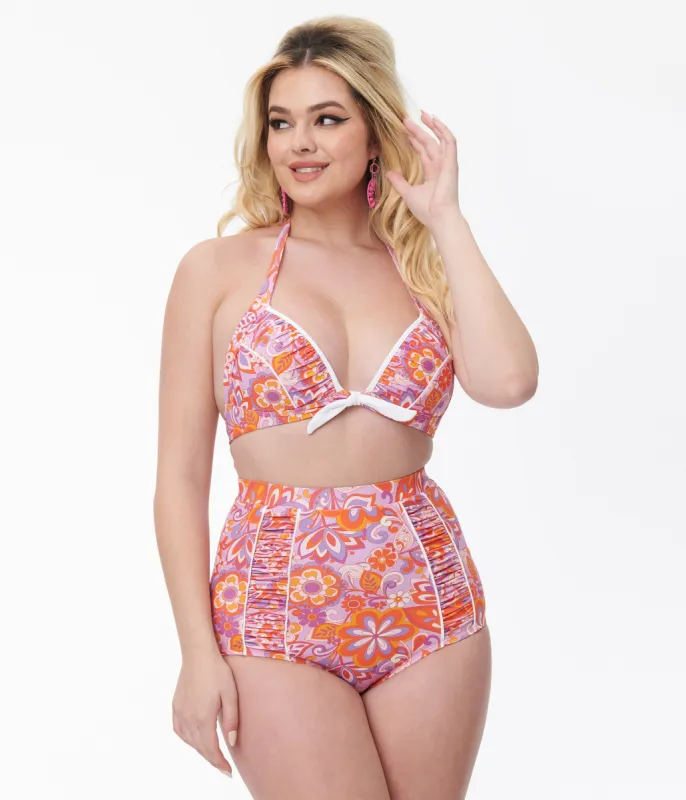 Unique Vintage Purple & Orange Bohemian Floral Print Halter Swim Top sold by Unique Vintage