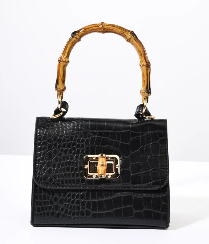 Black Reptile Embossed Bamboo Handle Handbag sold by Unique Vintage