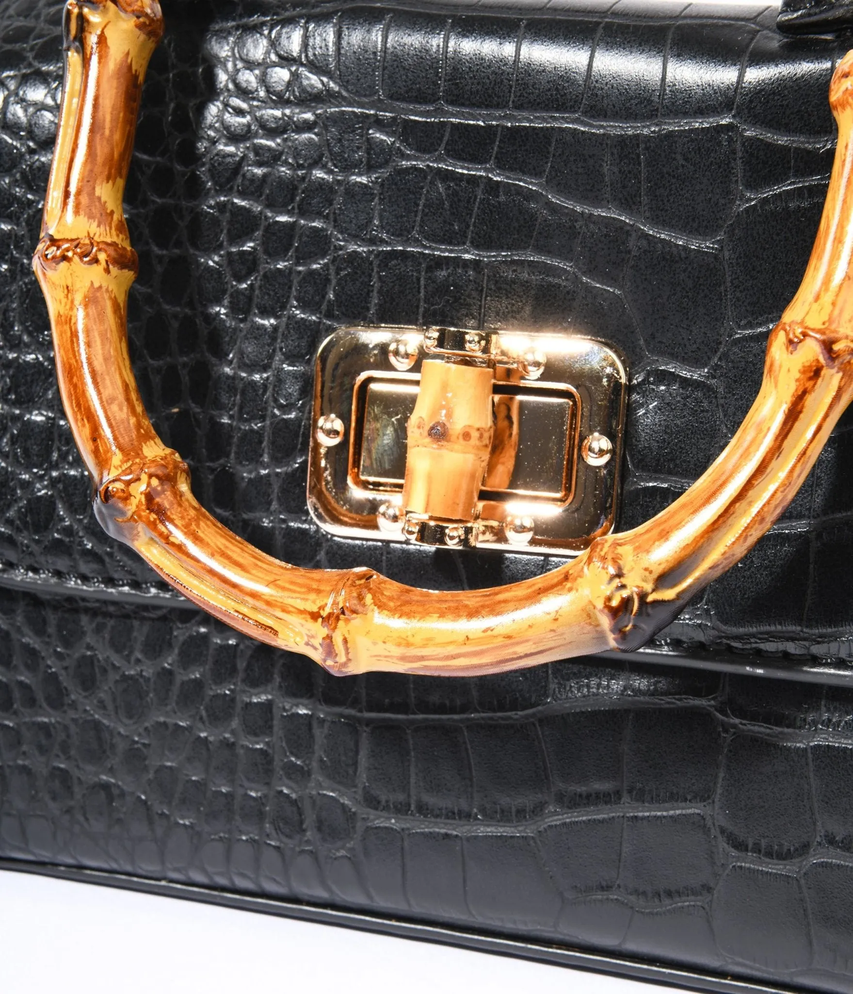 Black Reptile Embossed Bamboo Handle Handbag sold by Unique Vintage product image thumbnail 2