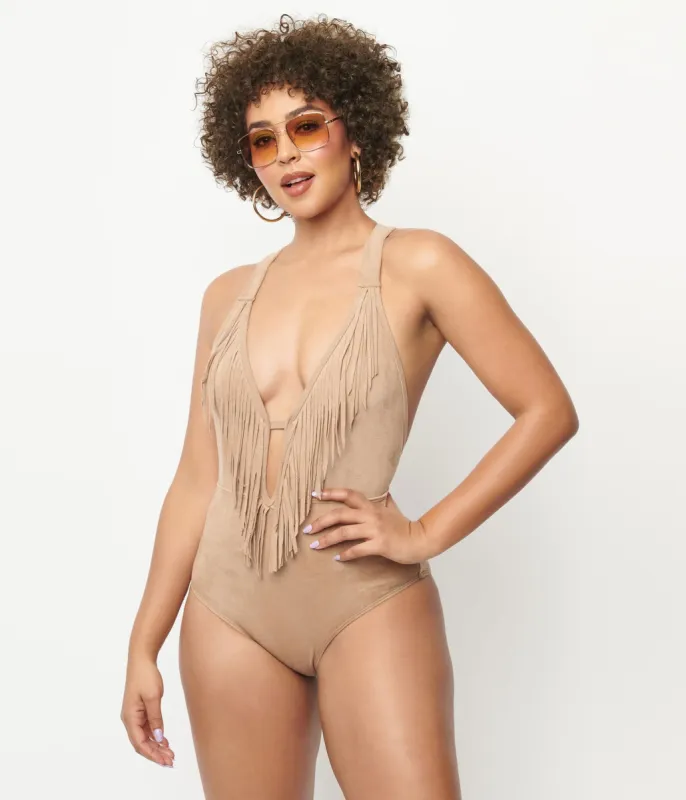 Unique Vintage 1970s Tan Suede Fringe Swimsuit sold by Unique Vintage