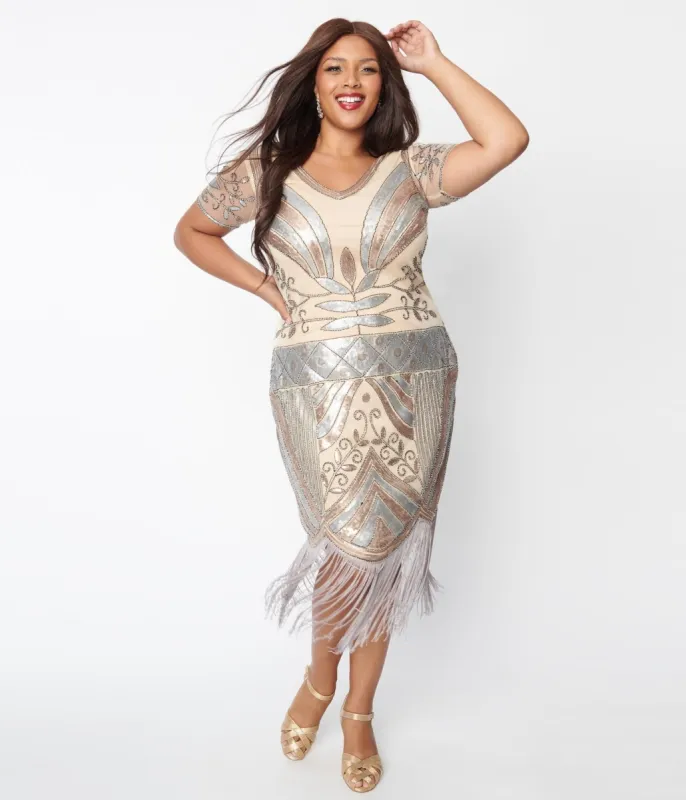 Unique Vintage Plus Size 1920s Beige & Silver Deco Sequin Short Sleeve Flapper Dress sold by Unique Vintage