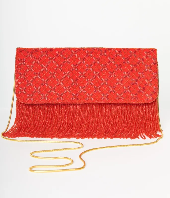 Red Beaded Fringe Envelope Clutch sold by Unique Vintage